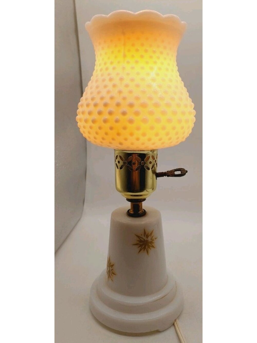 Hobnail Milk Glass Table Lamp Atomic Starburst 12" Tall